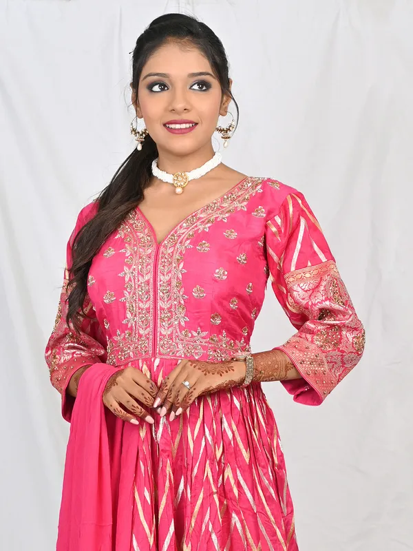 Pink silk printed anarkali suit for wedding