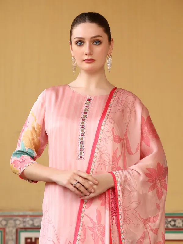 Pink silk printed kurti pant set with dupatta