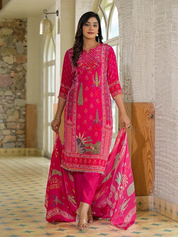 Pink silk printed kurti set for festive wear