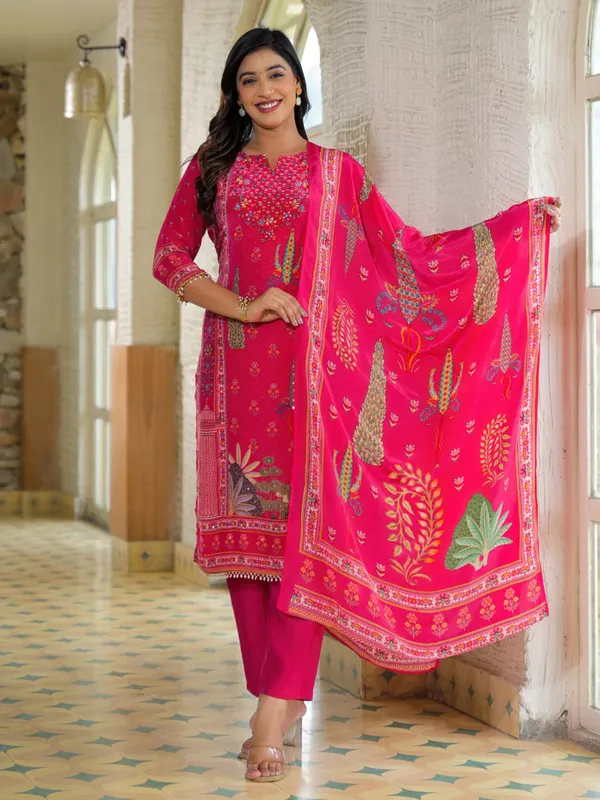 Pink silk printed kurti set for festive wear