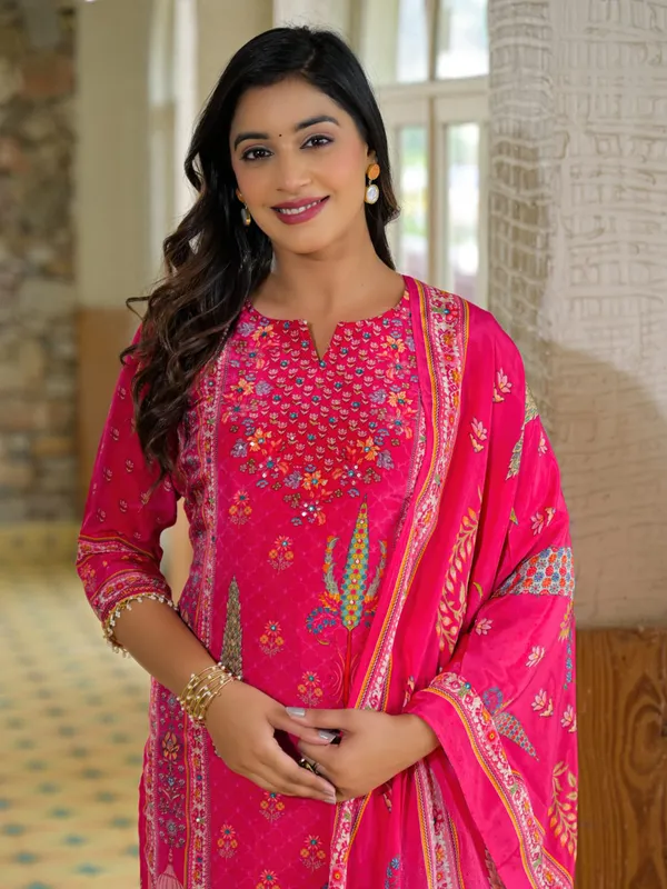Pink silk printed kurti set for festive wear