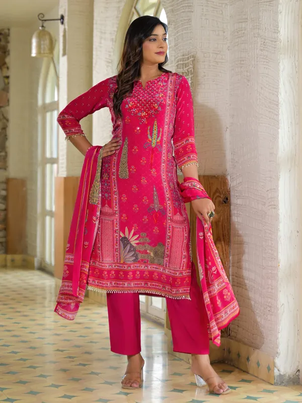 Pink silk printed kurti set for festive wear