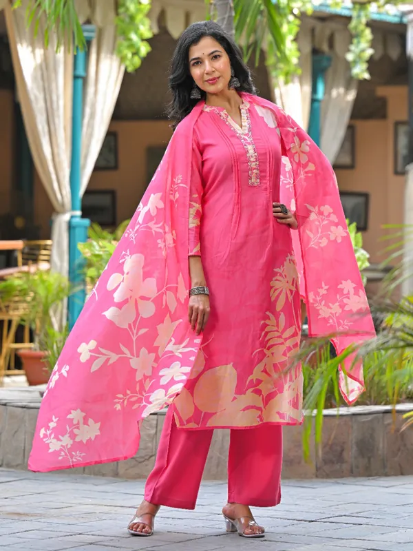 Pink silk printed kurti set with aabla work
