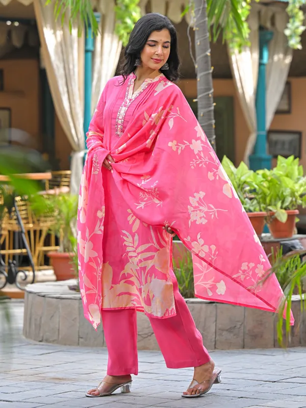 Pink silk printed kurti set with aabla work