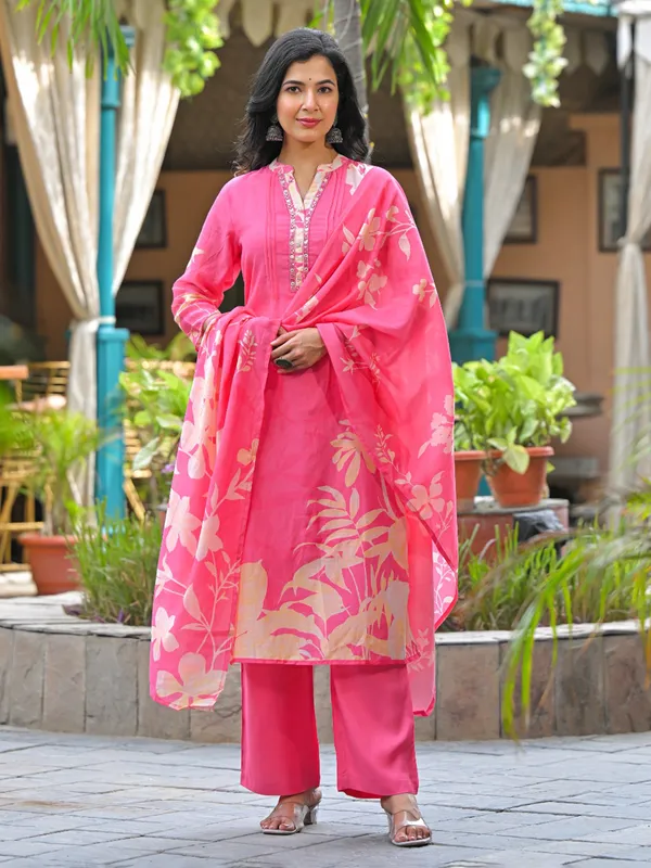 Pink silk printed kurti set with aabla work