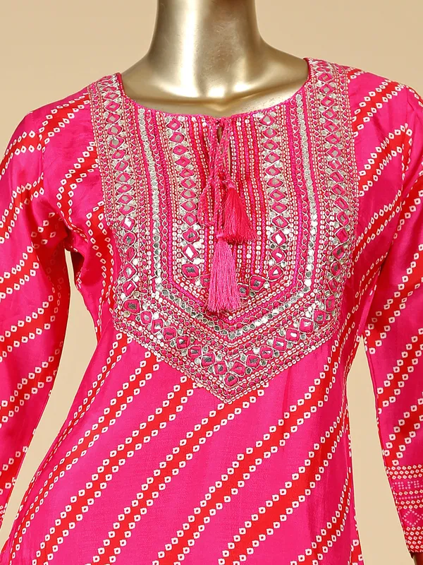 Pink silk printed kurti set with dupatta