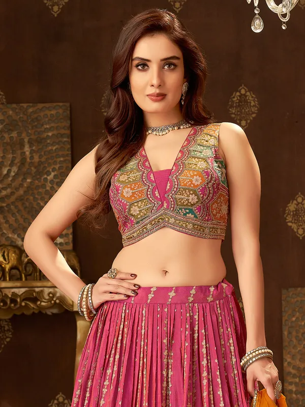 Pink silk printed lehenga choli for wedding