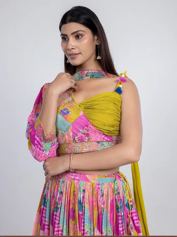 Pink silk printed lehenga choli with choker dupatta