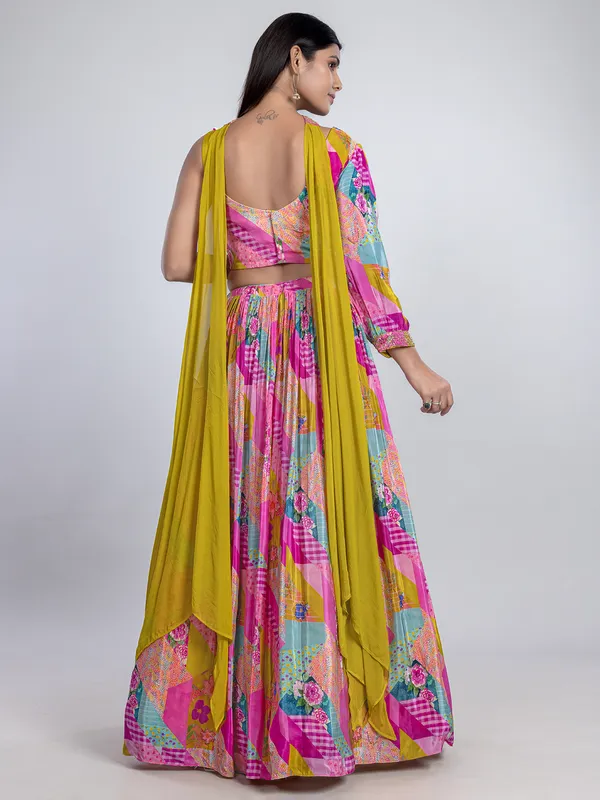 Pink silk printed lehenga choli with choker dupatta