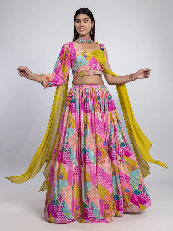 Pink silk printed lehenga choli with choker dupatta