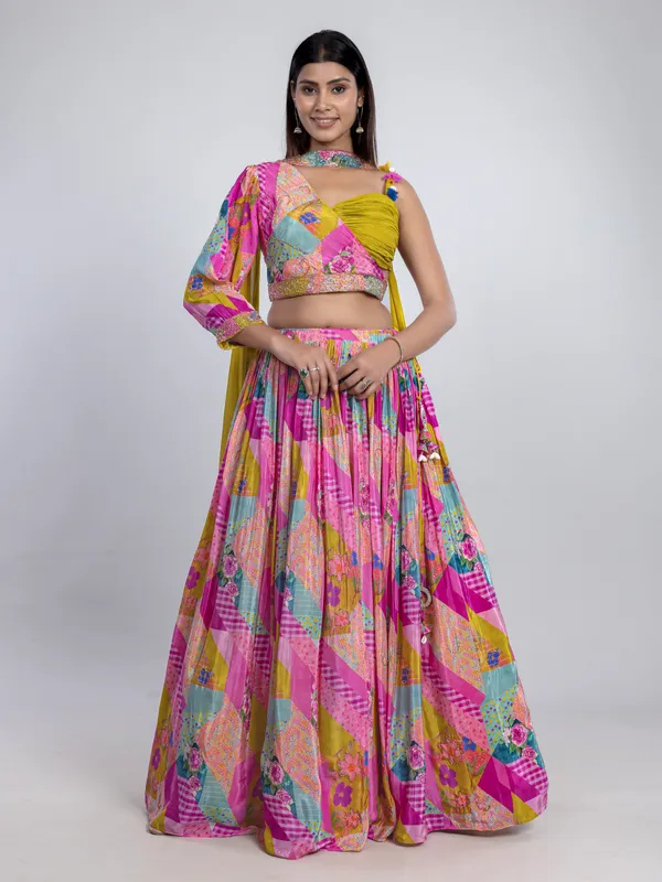 Pink silk printed lehenga choli with choker dupatta