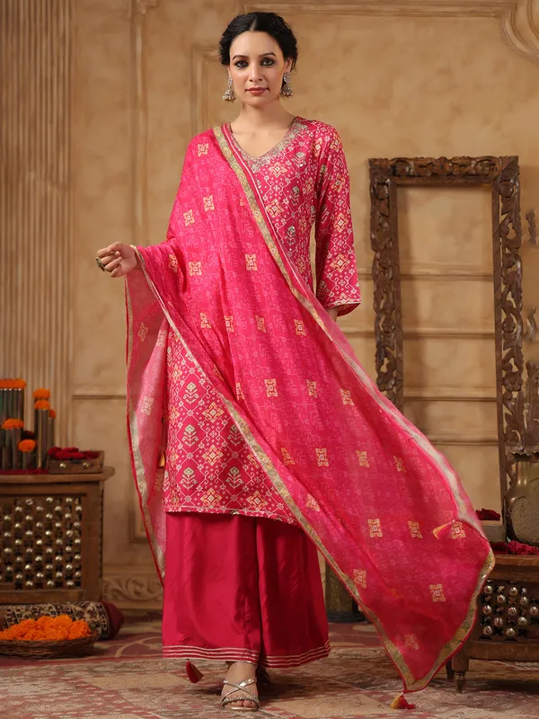 Pink silk printed palazzo kurti set