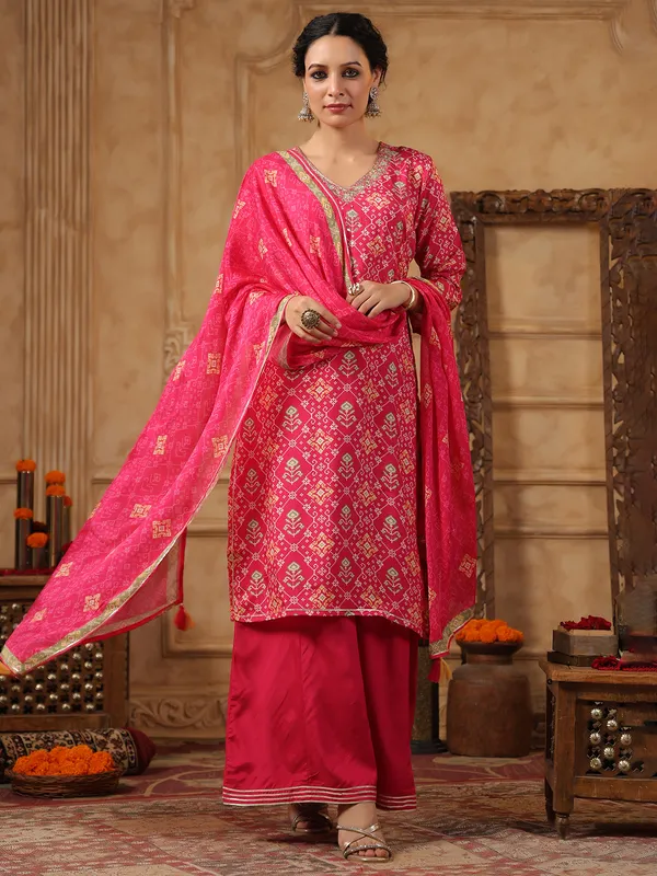 Pink silk printed palazzo kurti set