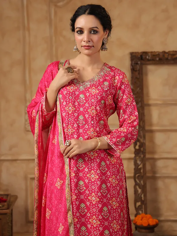 Pink silk printed palazzo kurti set