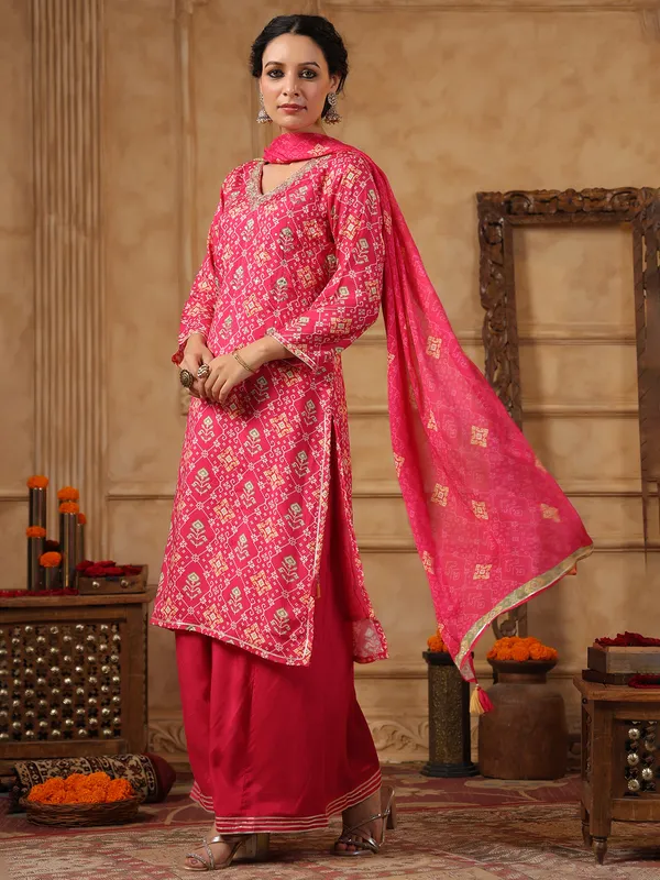 Pink silk printed palazzo kurti set