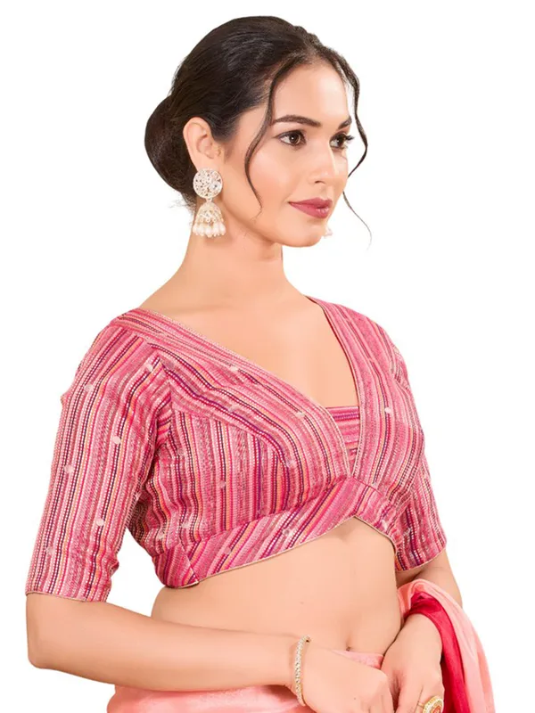 Pink silk printed ready made blouse