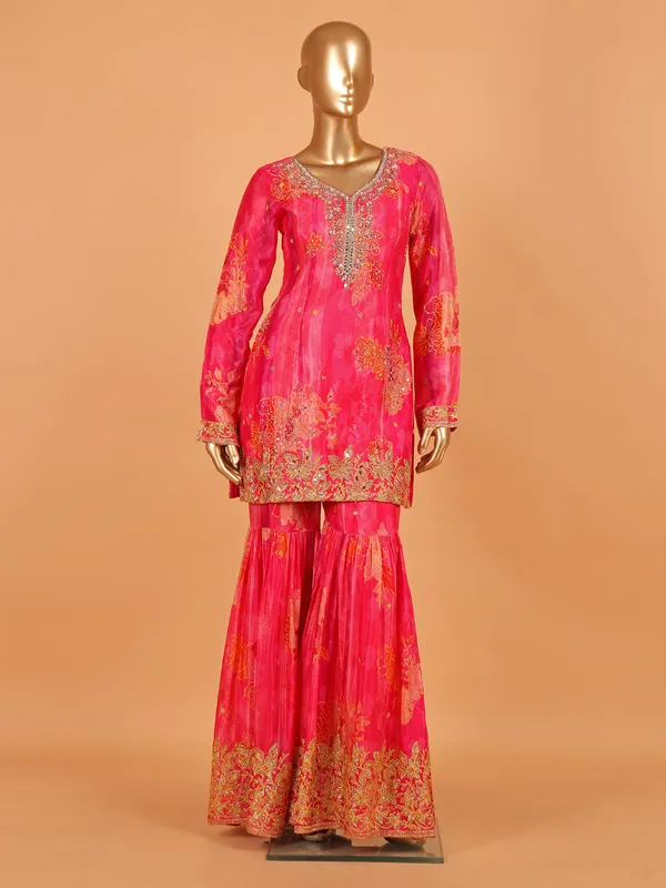 Pink silk printed sharara suit for women