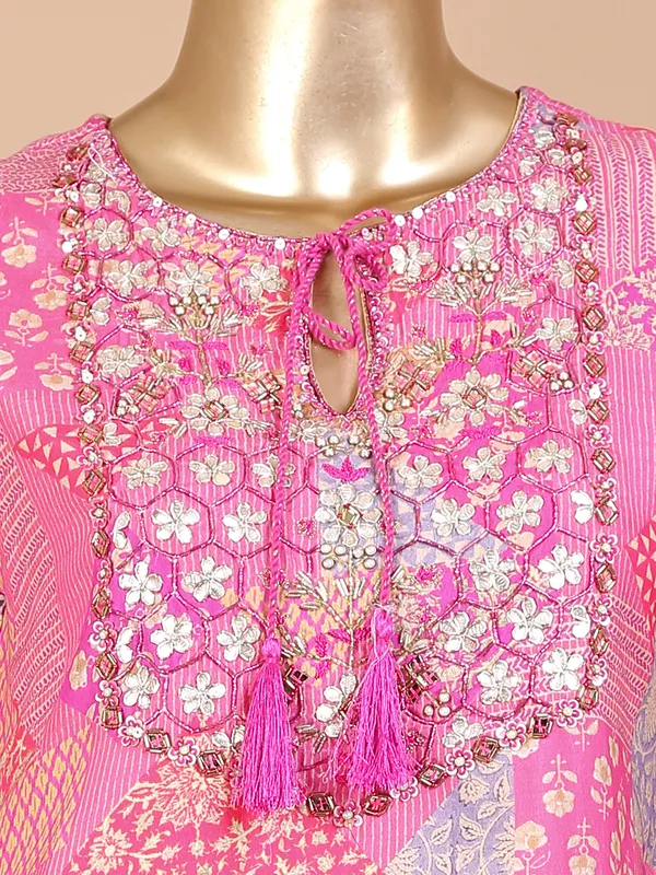 Pink silk printed sharara suit with dupatta