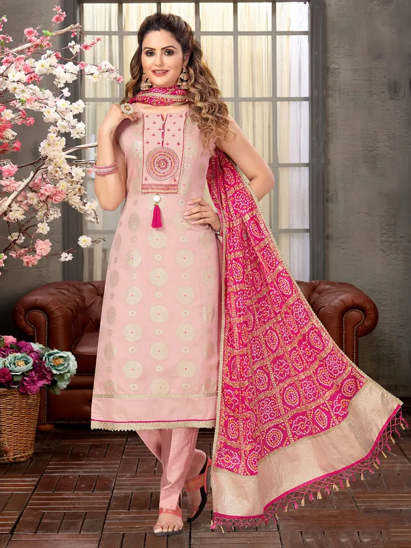 Pink silk salwar suit with printed dupatta