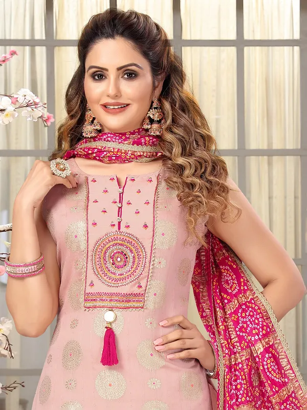 Pink silk salwar suit with printed dupatta