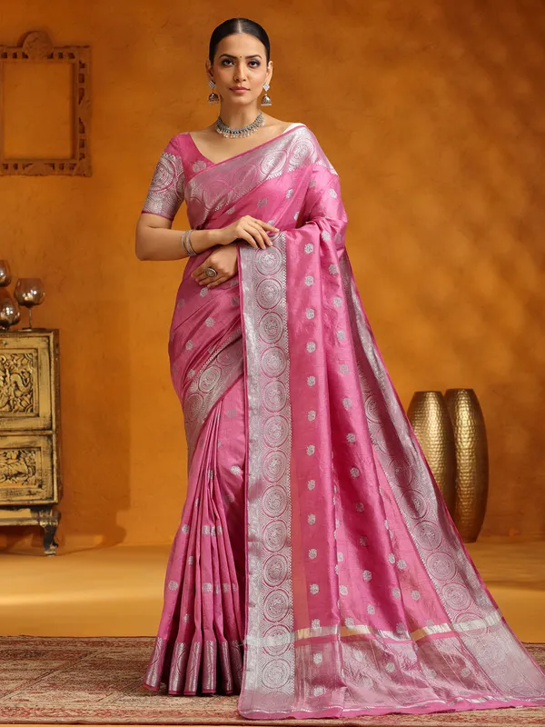 Pink silk saree in zari weaving