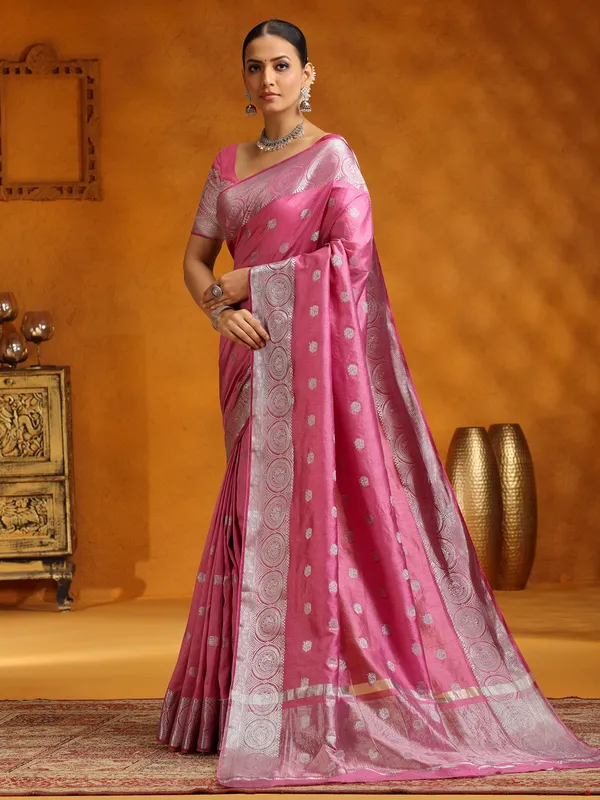 Pink silk saree in zari weaving