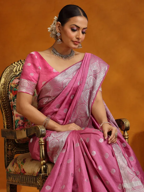 Pink silk saree in zari weaving
