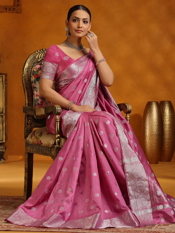 Pink silk saree in zari weaving