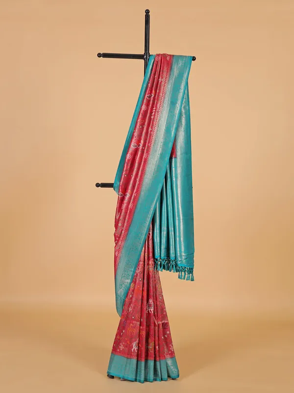 Pink silk saree with contrast rama green border
