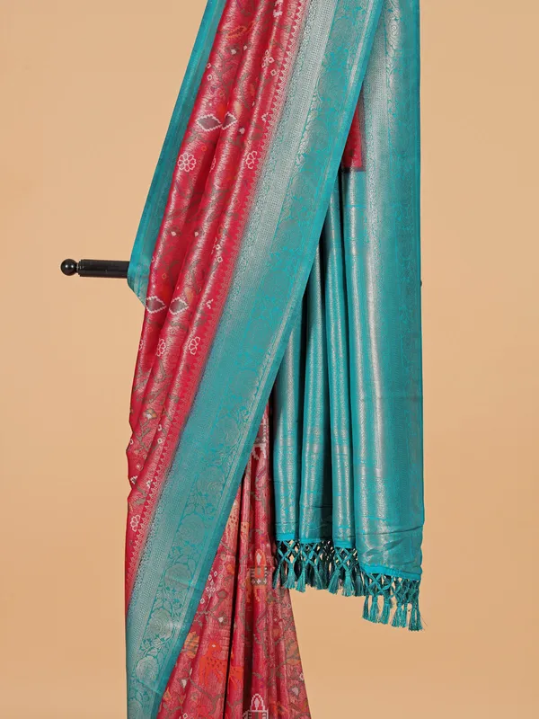 Pink silk saree with contrast rama green border