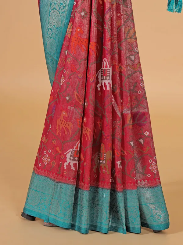 Pink silk saree with contrast rama green border