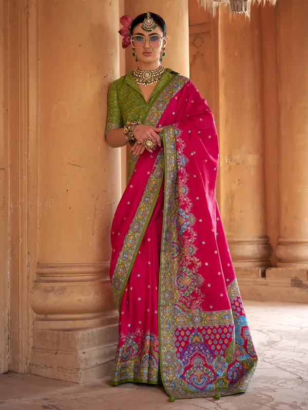Pink silk saree with ethnic print and blouse
