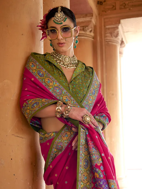 Pink silk saree with ethnic print and blouse