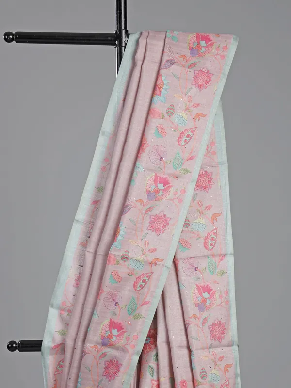 Pink silk saree with floral printed and zari weaving