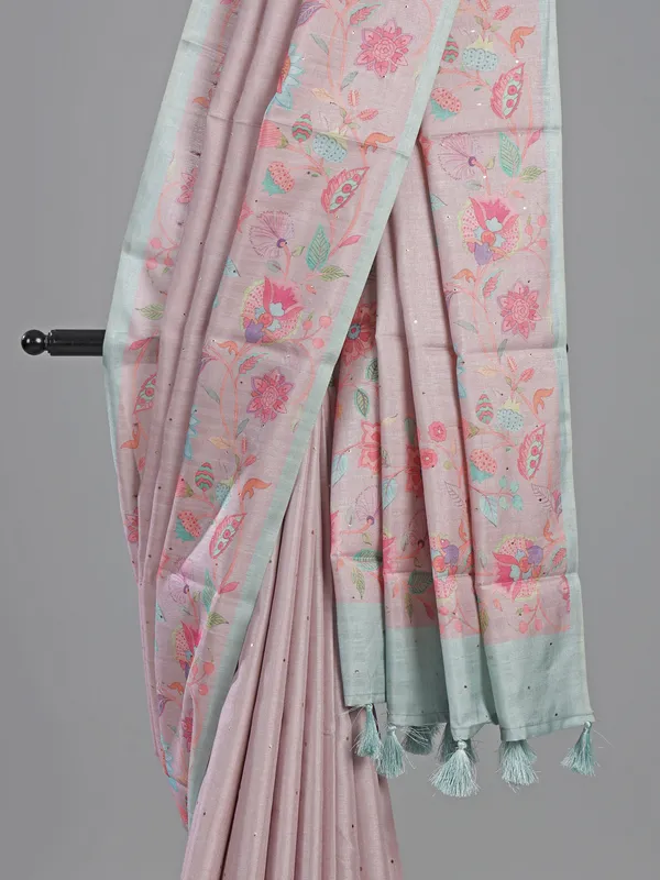 Pink silk saree with floral printed and zari weaving
