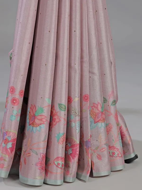 Pink silk saree with floral printed and zari weaving