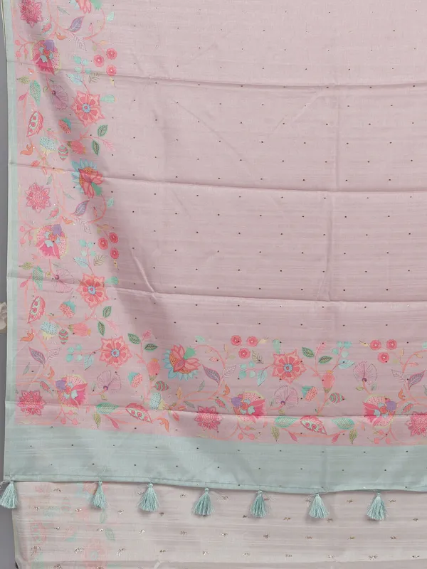 Pink silk saree with floral printed and zari weaving