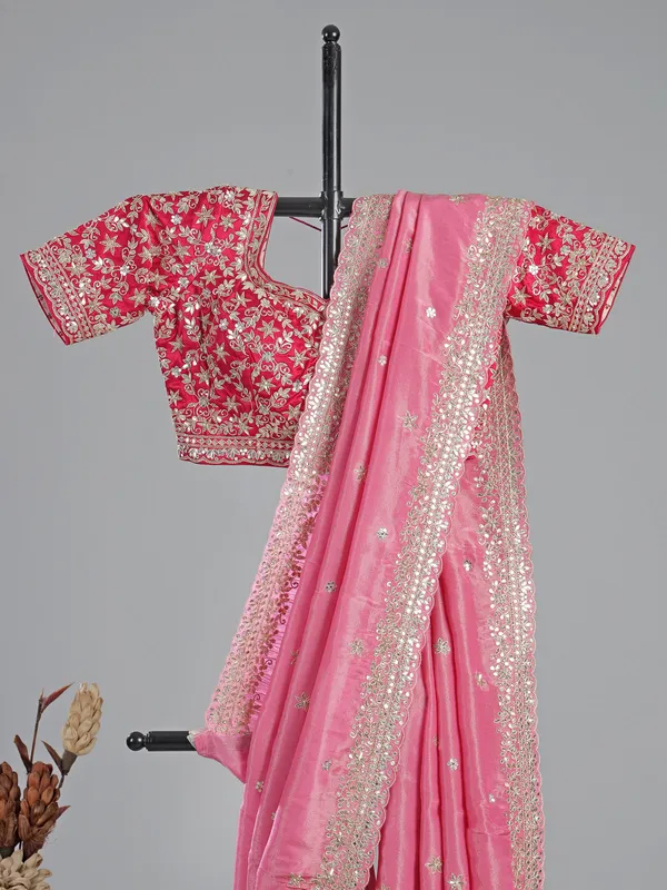 Pink silk saree with ready made blouse