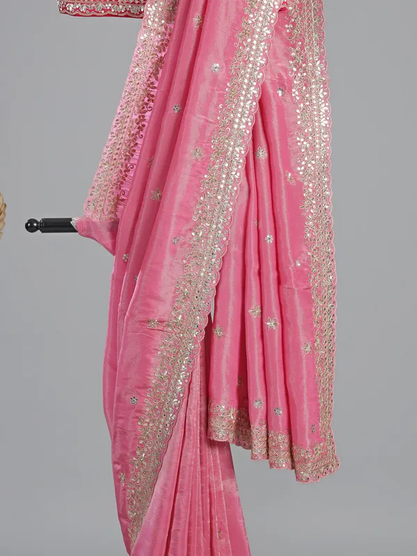 Pink silk saree with ready made blouse