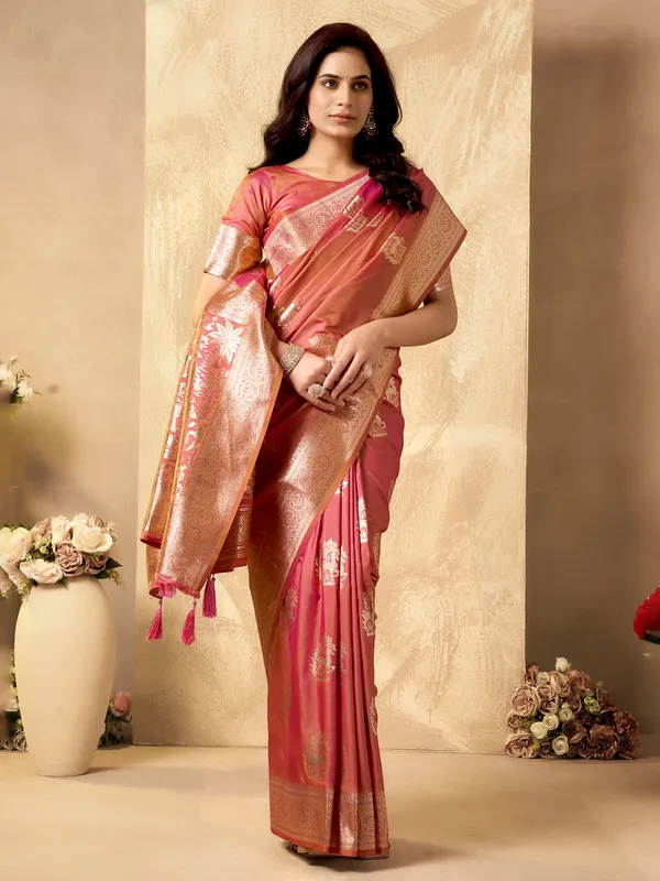 Pink silk saree with zari elegance