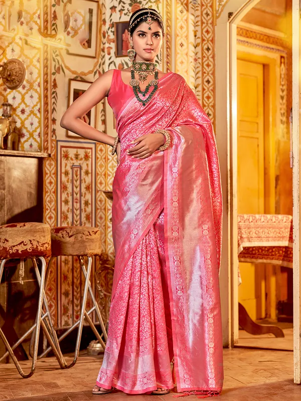 Pink silk saree with zari weaving