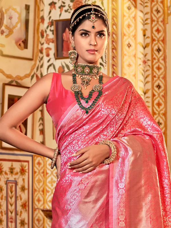 Pink silk saree with zari weaving