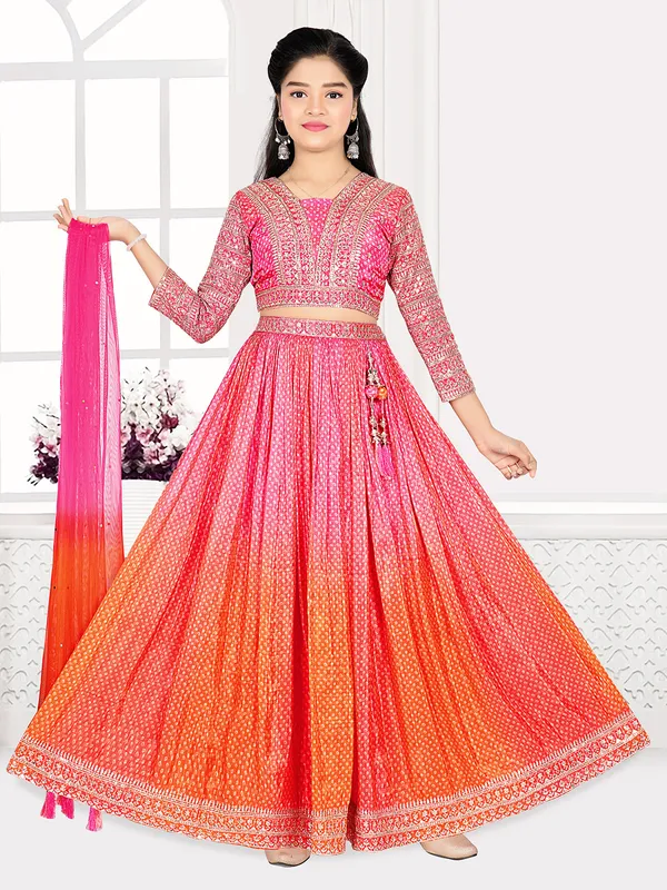 Pink silk shaded bandhej printed lehenga choli with dupatta