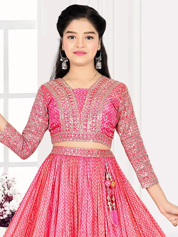 Pink silk shaded bandhej printed lehenga choli with dupatta