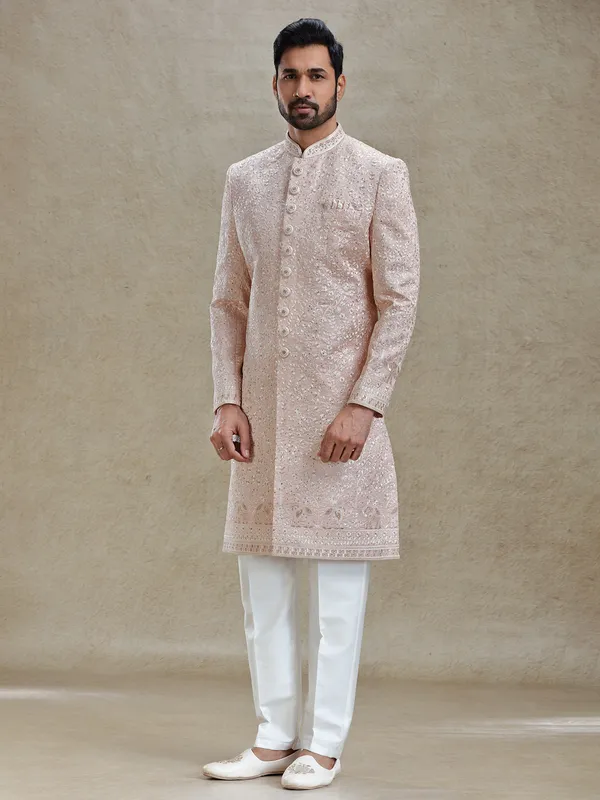 Pink silk sherwani in golden embroidery pattern