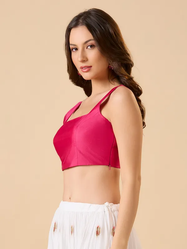 Pink silk solid sleeveless ready made blouse with square neck