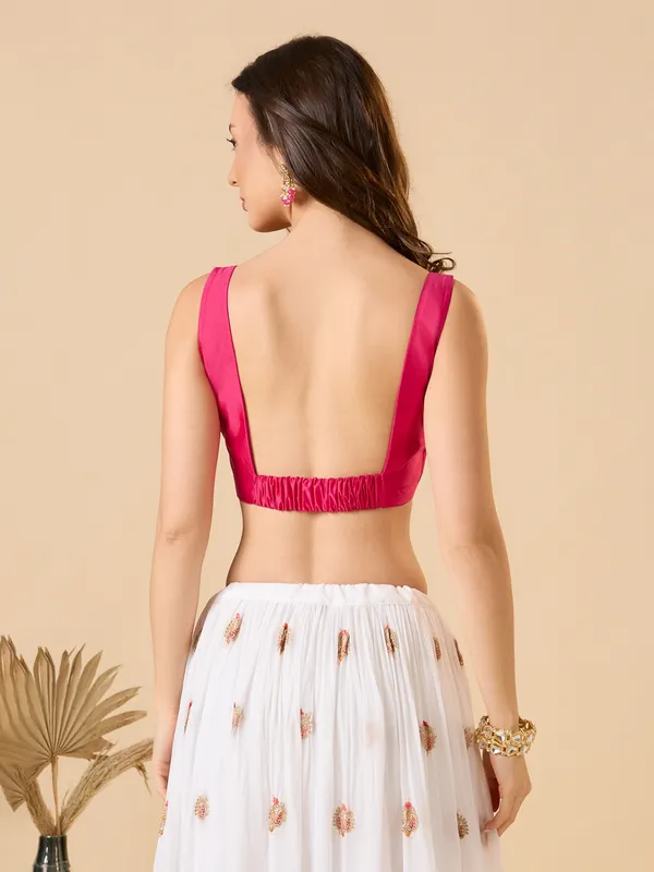 Pink silk solid sleeveless ready made blouse with square neck