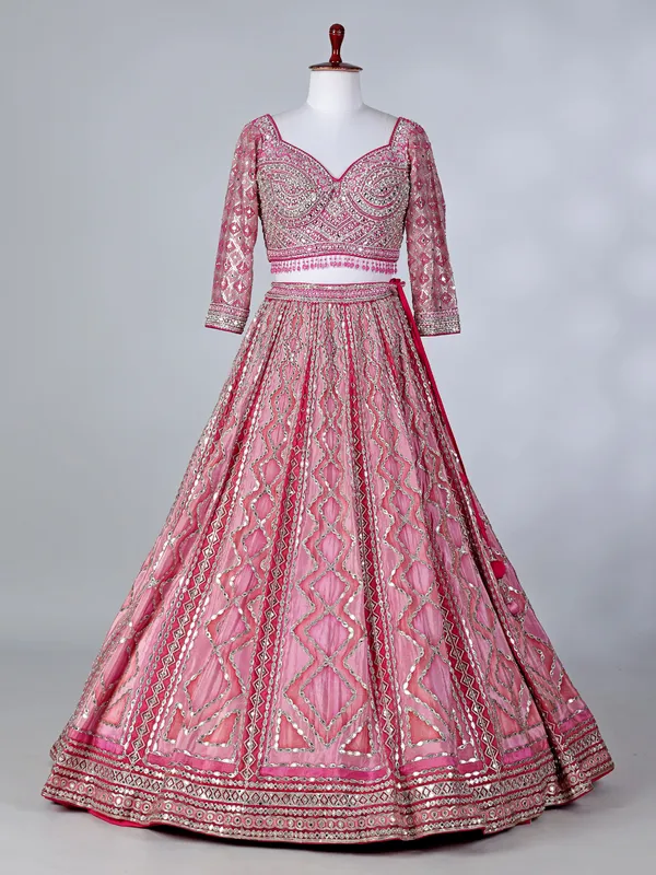 Pink silk sweetheart neck lehenga choli with dupatta