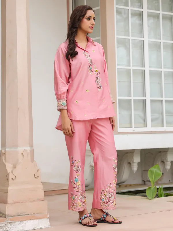 Pink silk tencel embroidery co-ord set