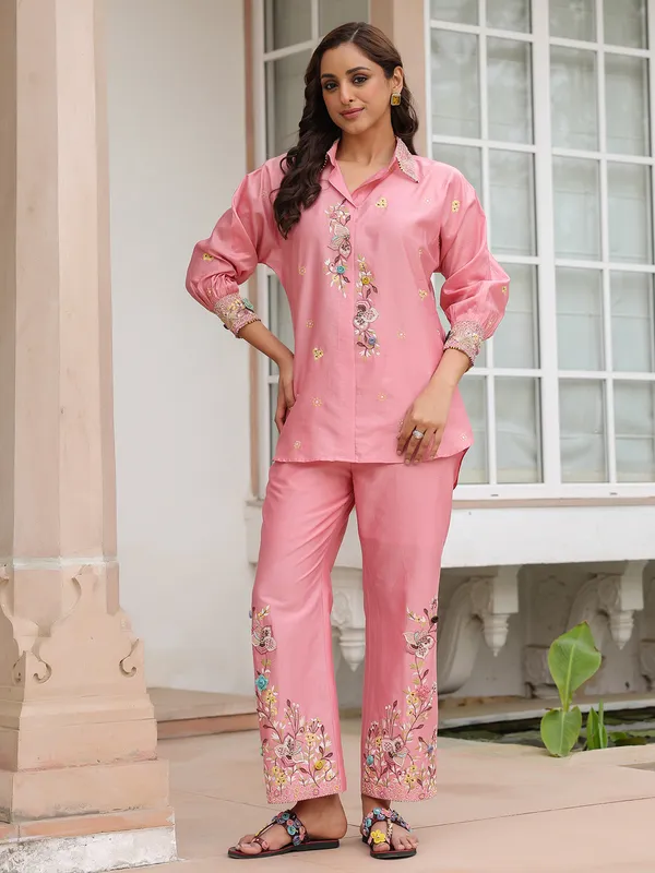 Pink silk tencel embroidery co-ord set